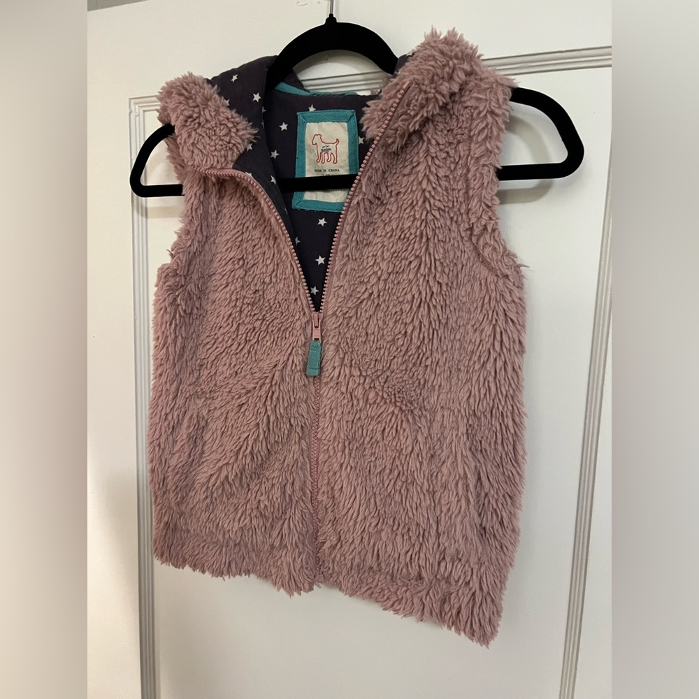Kids’ Mini Boden dusty rose hooded zip up vest, size 7-8